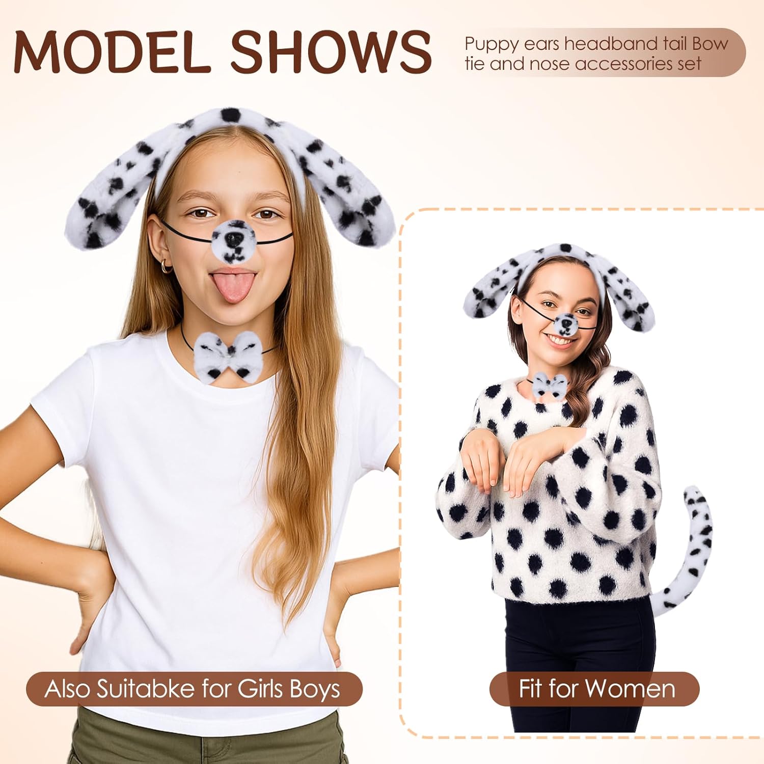 4 Pieces Dog Costume Set Dog Ears Headband Nose Tail and Bow Tie Cosplay Accessoies for Halloween Party - Image 5