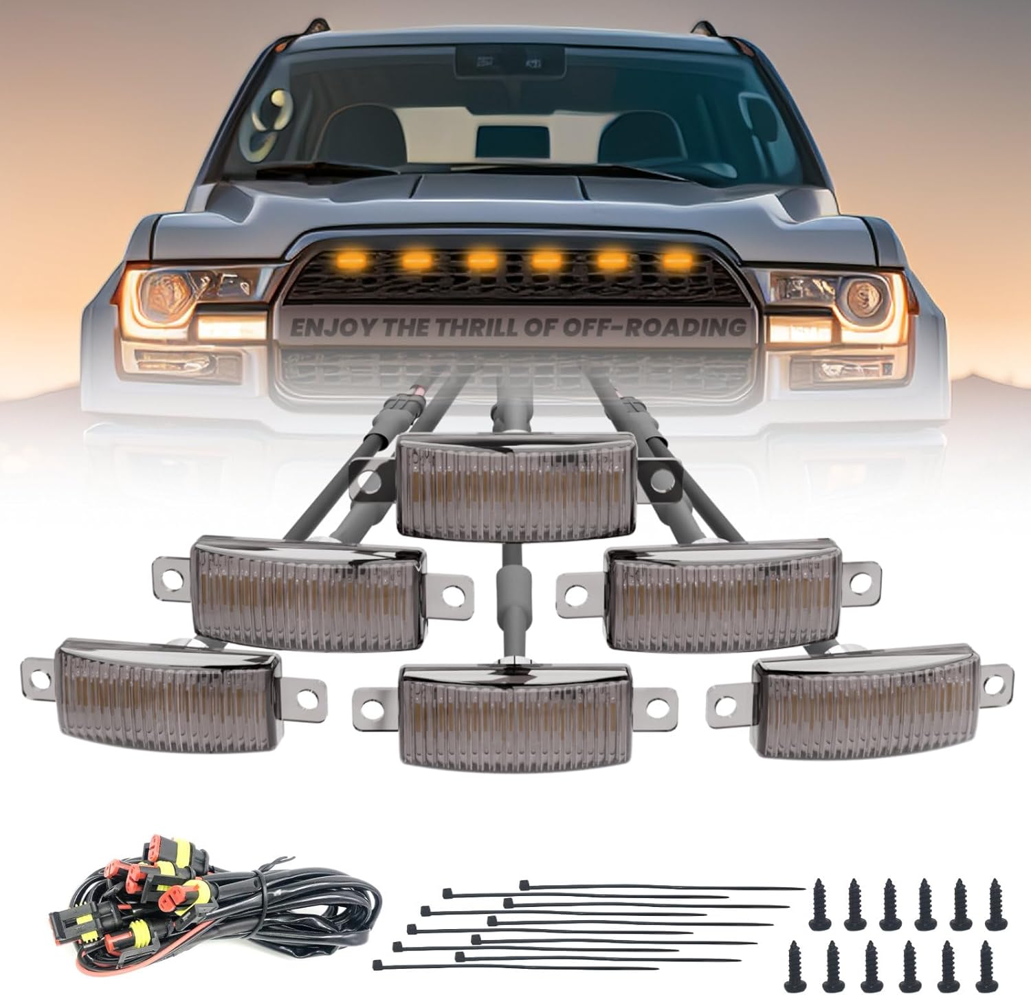 LED Amber Grille Light for Truck SUV Pickup Car, Smoked Lens Housing Center Grill Running Light, 6PCS Bulbs with Waterproof Connector Cables Kit 6PCS Amber Lights