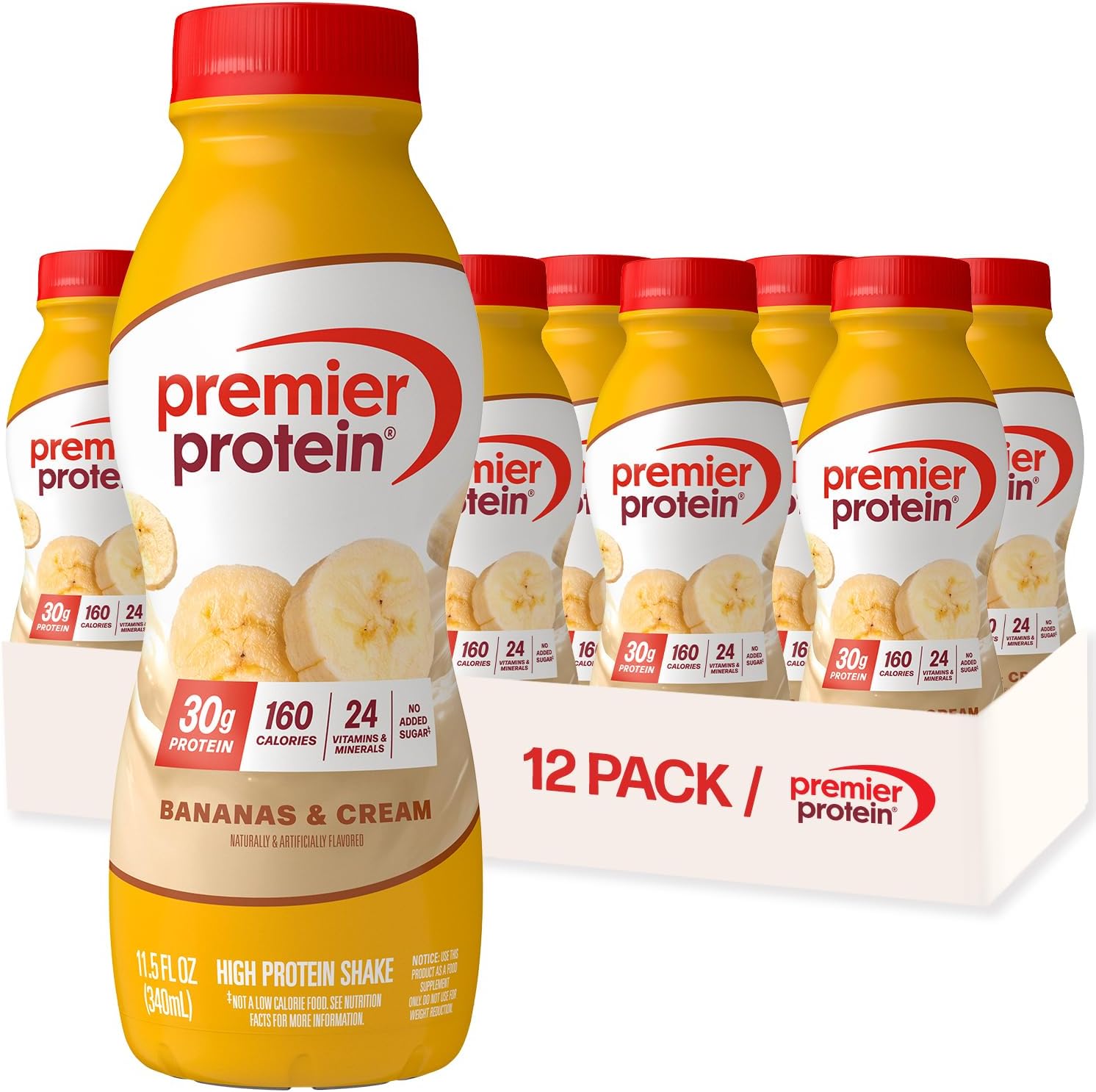 Premier Protein Shake, Bananas & Cream, 30g High Protein, 12 Pack | 160 Calories, 24 Vitamins & Minerals, No Added Sugar, Supports Muscle Health, Gluten-Free, 11.5 oz