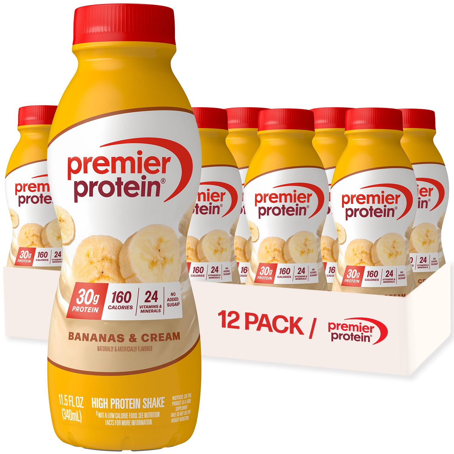 Premier Protein Shake, Bananas & Cream, 30g Protein, 1g Sugar, 24 Vitamins & Minerals, Nutrients to Support Immune Health, 12 Pack, 138.0 Fl Oz