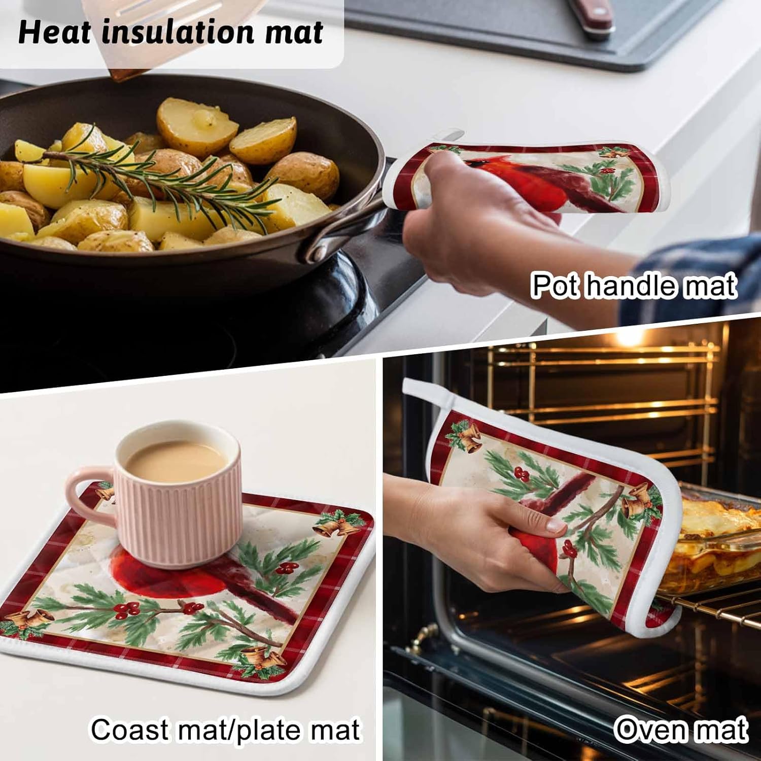 Christmas Pot Holders Set of 5,Watercolor Cardinal Bird Heat Insulation Kitchen Oven Pad with Hanging Loops Hot Pads Potholder for BBQ Cooking Baking