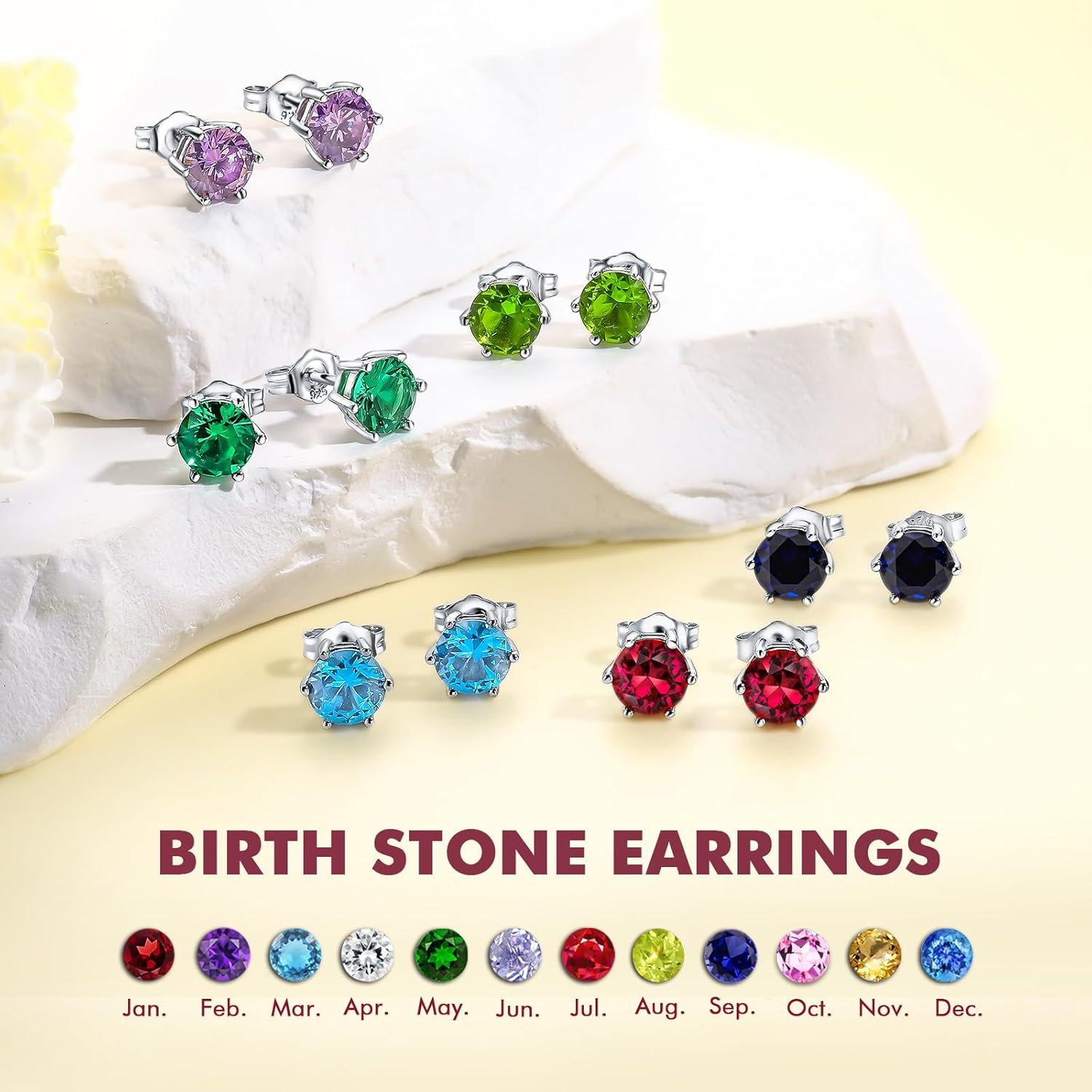 DAYBYDAY 925 Sterling Silver Birthstone Earrings for Women, Crystal Stud Earrings, 6.5mm Round Cut Solitaire Gemstone Earrings Birthday Jewelry - Image 5