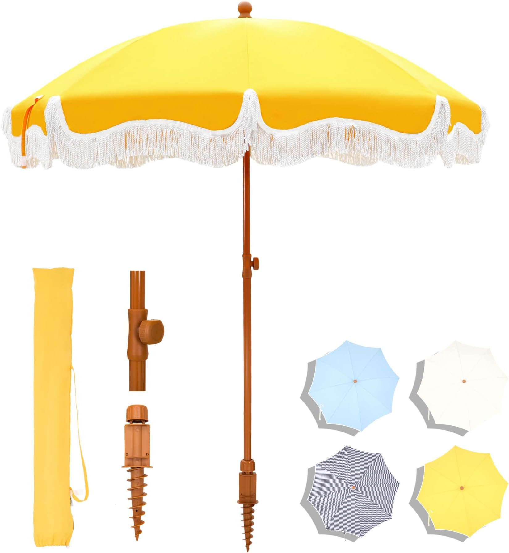 MFSTUDIO 7ft Patio Beach Umbrella with Fringe, Tassel Umbrellas with Sand Anchor & Tilt Button, Holiday Outdoor Umbrella with Carry Bag