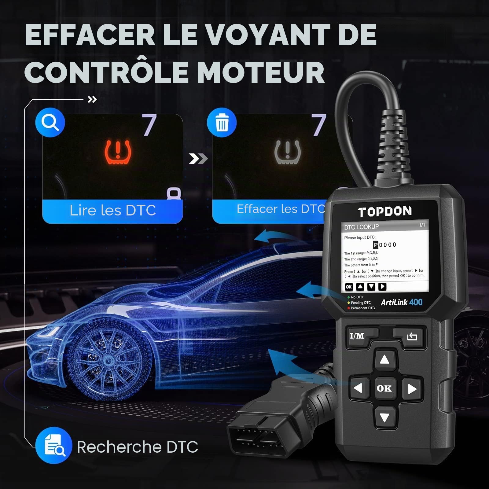 TOPDON AL400 Lecteur de Codes OBD2, 10 Fonctions OBD2, Vérification du Voyant Moteur/Test d'émissions polluantes/Test du capteur O2 / EVAP, Mise à Jour Gratuite à Vie