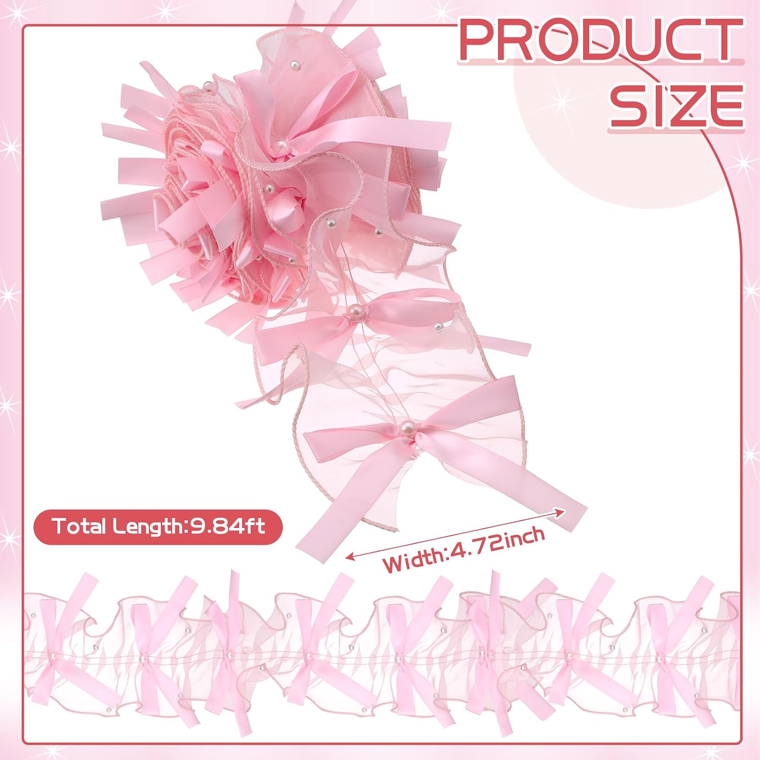 Pink Bow Lace Mirror Frame Trim 9.84 ft Coquette Mirror Border Roll with Ruffle and Pearls Cute Decorative Edging Trim for Mirrors, Vanity Decor, Girl's Preppy Bedroom Bathroom DIY Decoration
