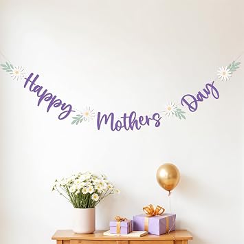 Cheerland Happy Mothers Day Banner White Flowers Pastel Purple Garland Lavender Letter Sign Cutouts Backdrop Hanging for Mothers Day Celebration Love Brunch Tea Best Moms Party Decorations Supplies