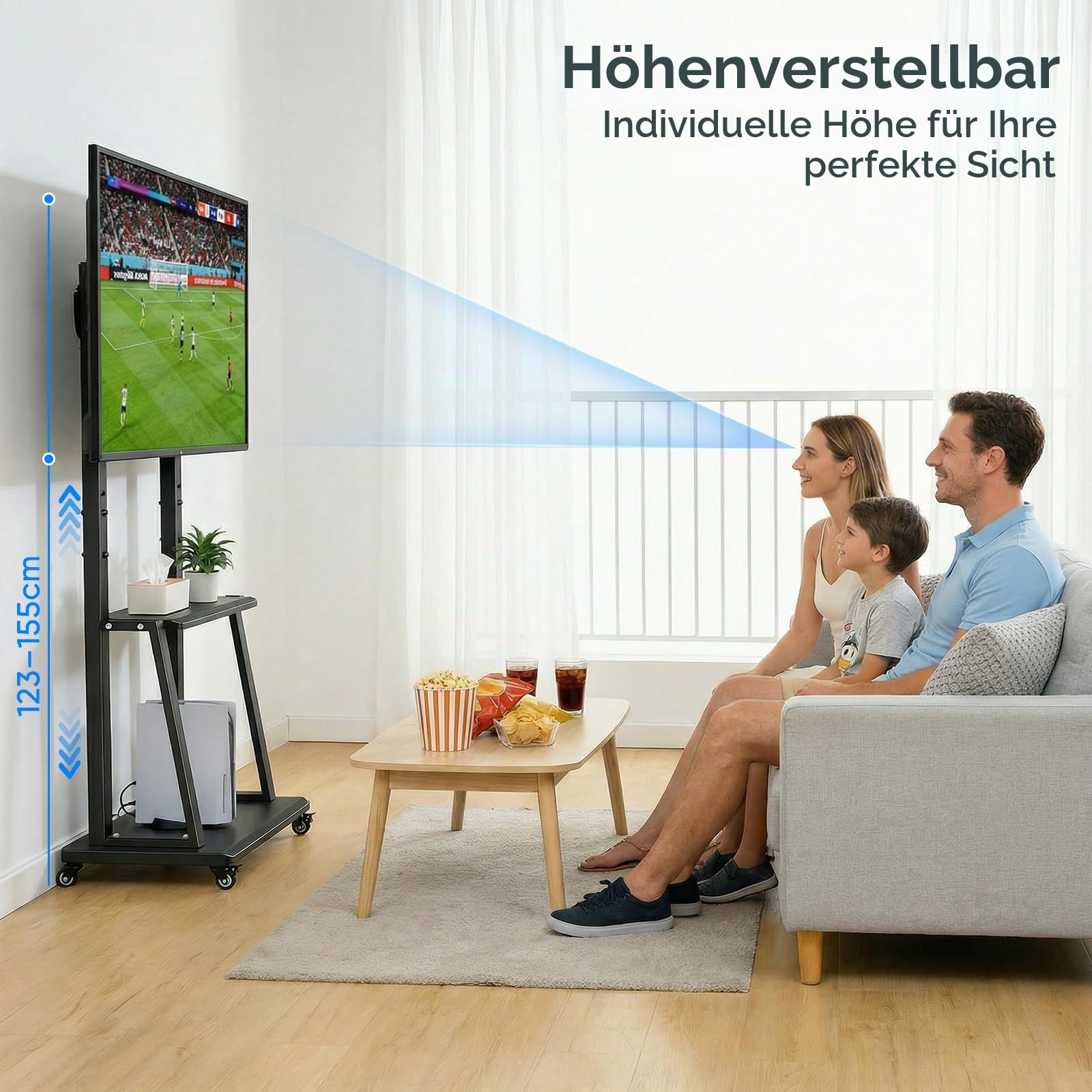 TV Ständer mit Rollen, Mobiler Fernsehtisch für 40-70 Zoll, Höhenverstellbar 123-155 cm, aus Metall für Wohnzimmer Büro, bis max. VESA 600x400, 155x70x43cm