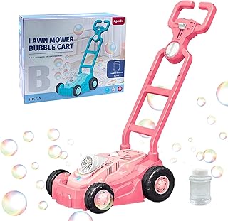 Toddler Lawn Mower | Automatic Bubble Blower Machine with Light | Interactive Outdoor Push Toys for Preschool Boys and Girls, Backyard, Garden, Park Synyey