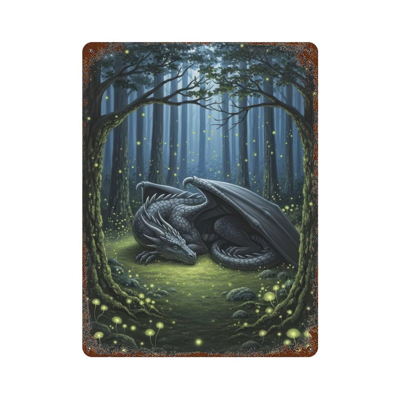 Garage Style Sleeping Dragon in Quiet Forest Aged Metal Wall Plaque 15.7"x11.8", Novelty Wall Decor for Bar And Workshop