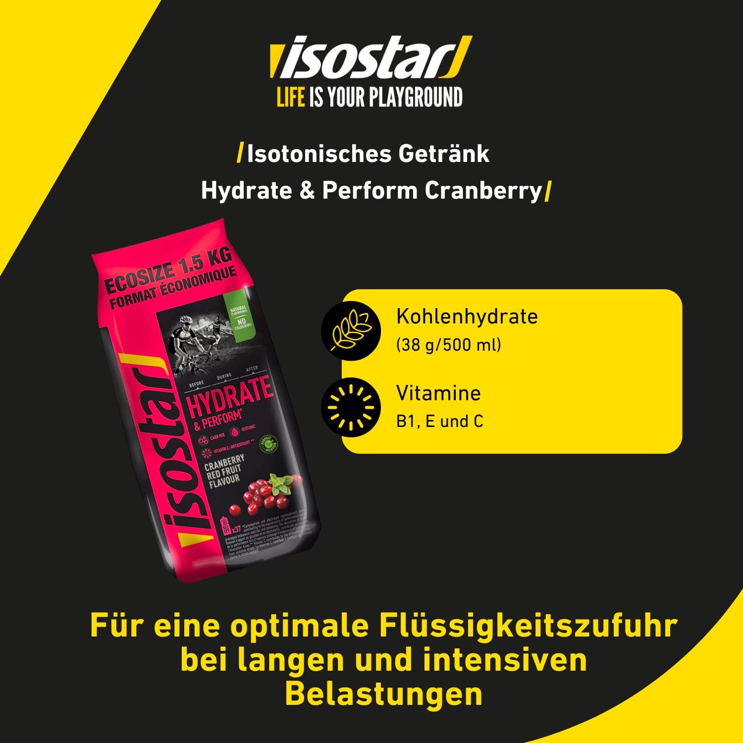 ISOSTAR – Hydrate & Perform Cranberry Rote Früchte – Isotonisches Sportgetränk mit Energie, Elektrolyten & Vitamin C/B1 – Für Laufen, Radfahren & Trail – 1,5 kg
