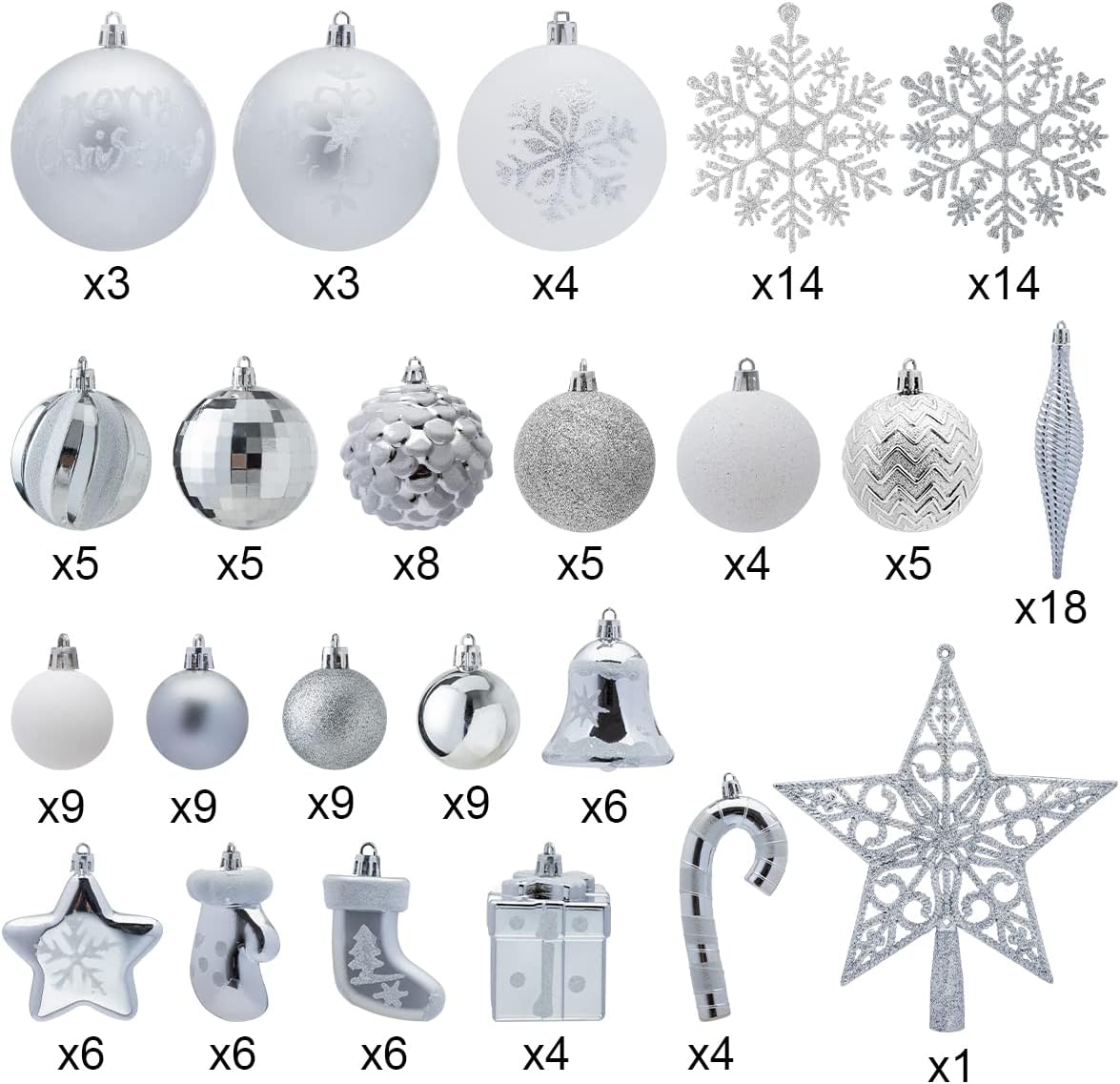 Joiedomi 157 Pcs Assorted Christmas Ornaments Set with a Star Tree Topper, Shatterproof Hanging Ball Ornaments for Christmas Tree, Party Decoration, Tree Ornaments, and Events (Silver & White)
