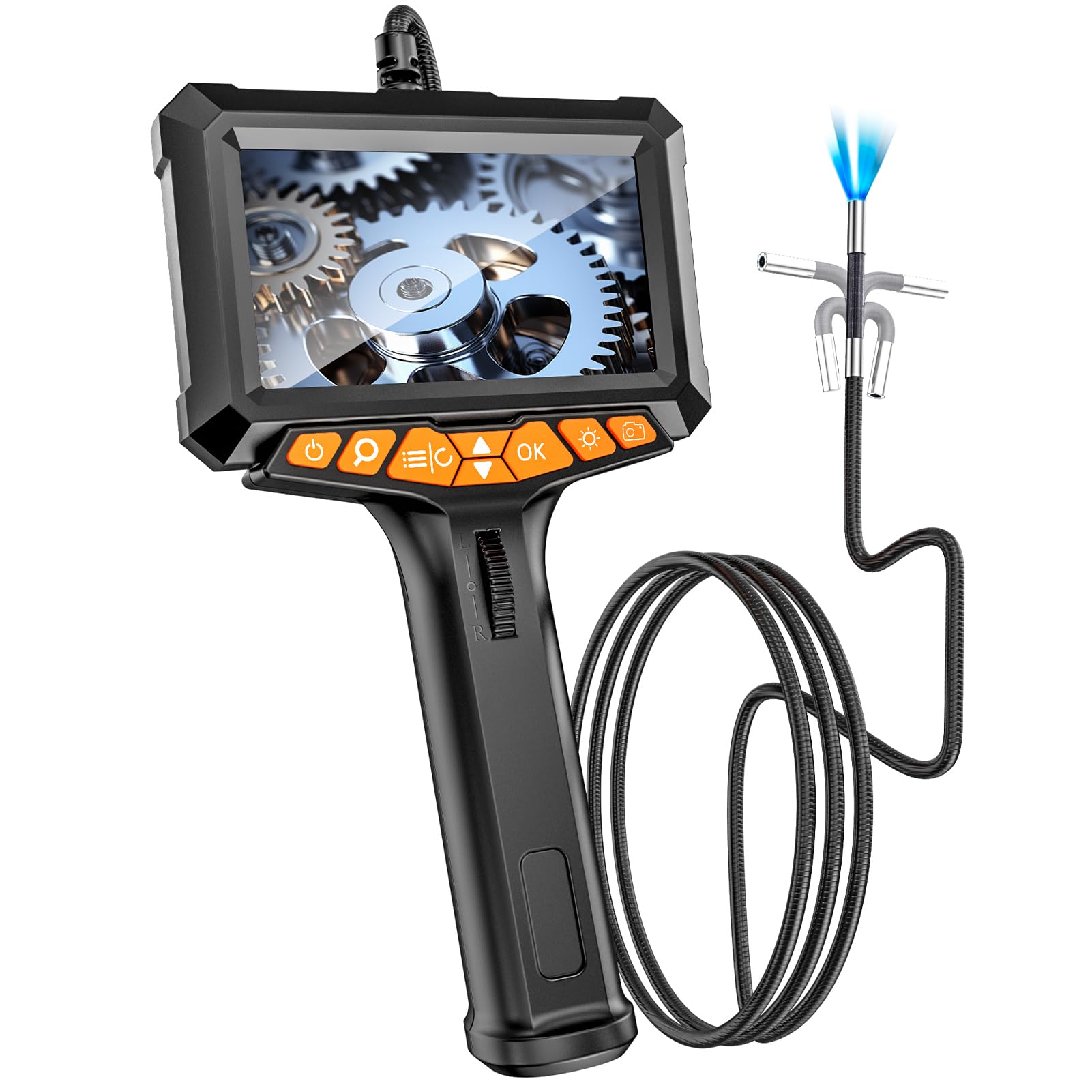 Boroscopio articulado bidireccional con luz, cámara de inspección endoscópica industrial de 0.25 pulgadas, pantalla IPS de 5 pulgadas, tubo de serpiente flexible impermeable de 5 pies, batería de 5000