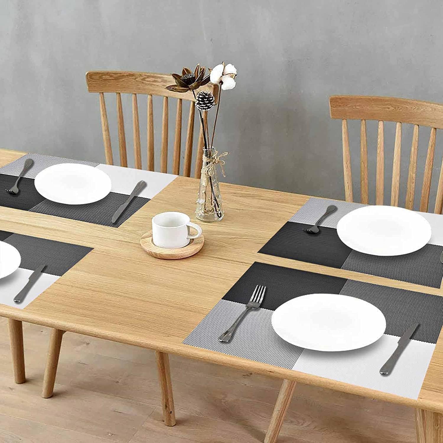Feinerman 6 Pcs Elegant Washable Dining Table Placemats Set, Non-Slip Heat Resistant Kitchen Mats, PVC Woven Vinyl Place Mats for Dinner Table, Anti-Skid Easy to Clean Table Décor (Black & White) 4