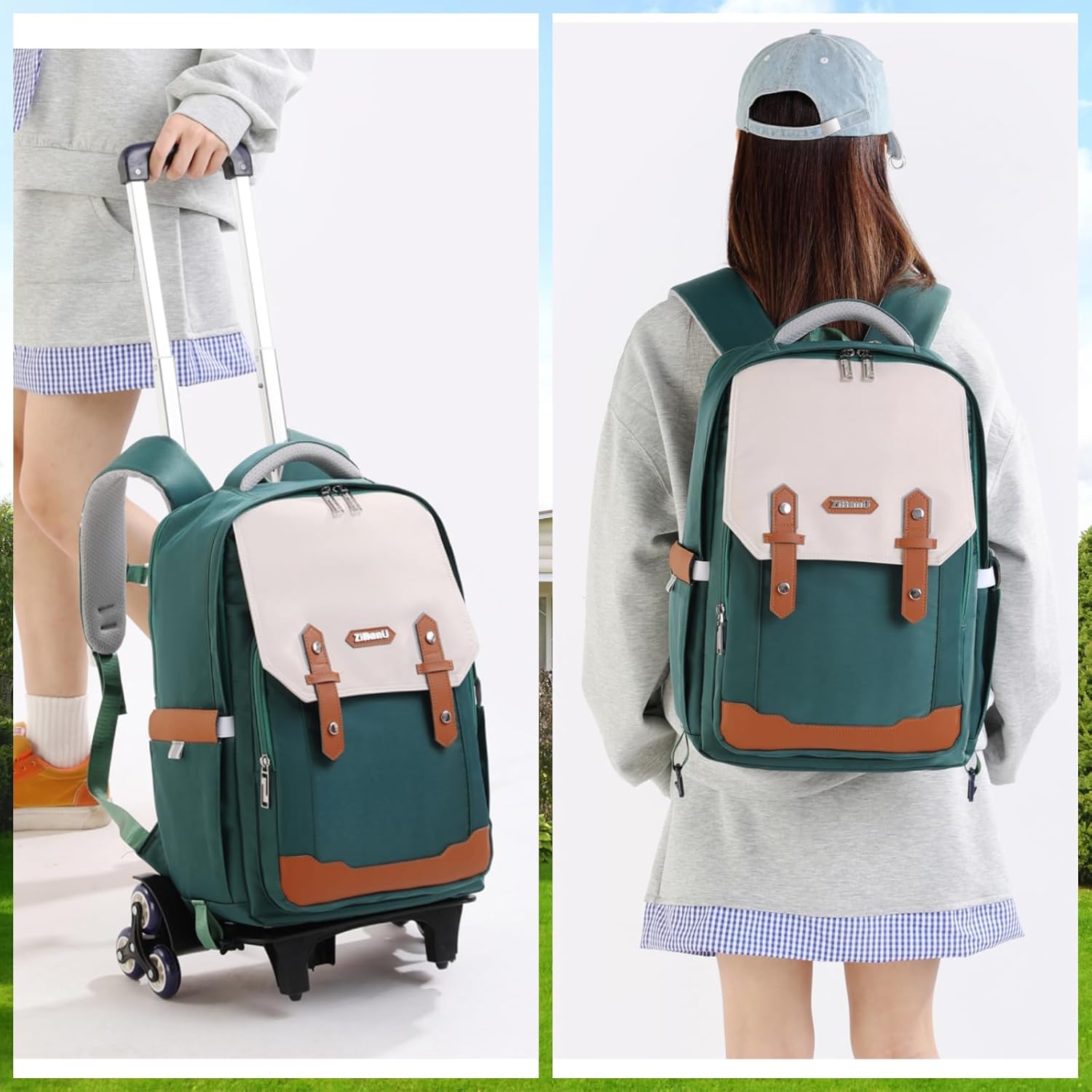 Girls Rolling Backpack for School Kids Roller Backpack with Wheels for Boys & Girls, Rolling Bag Trolley School Bags for Primary Students, Teens Wheeled Bookbags on 6 Wheels, Green - Image 7
