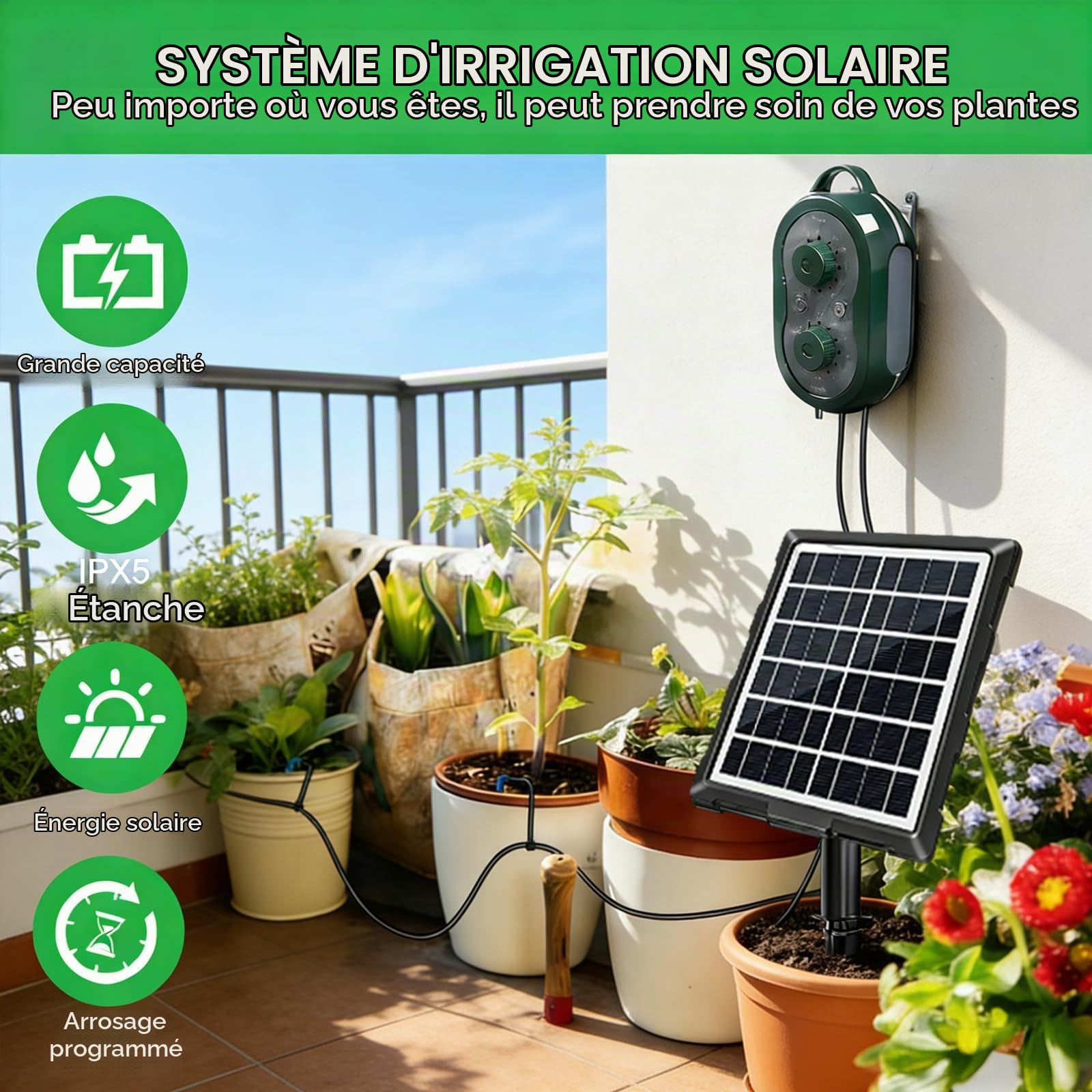Système d'irrigation solaire goutte à goutte automatique pour 15 plantes en pot, 132 programmes d'arrosage, tuyau de 15 m, idéal pour balcon, jardin, potager et serre