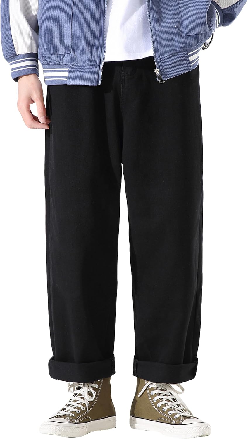 DOSLAVIDA Men's Work Jeans Casual Hip Hop Cargo Solid Color Loose Fit Straight Wide Leg Cotton Denim Pants with Zipper - Image 2