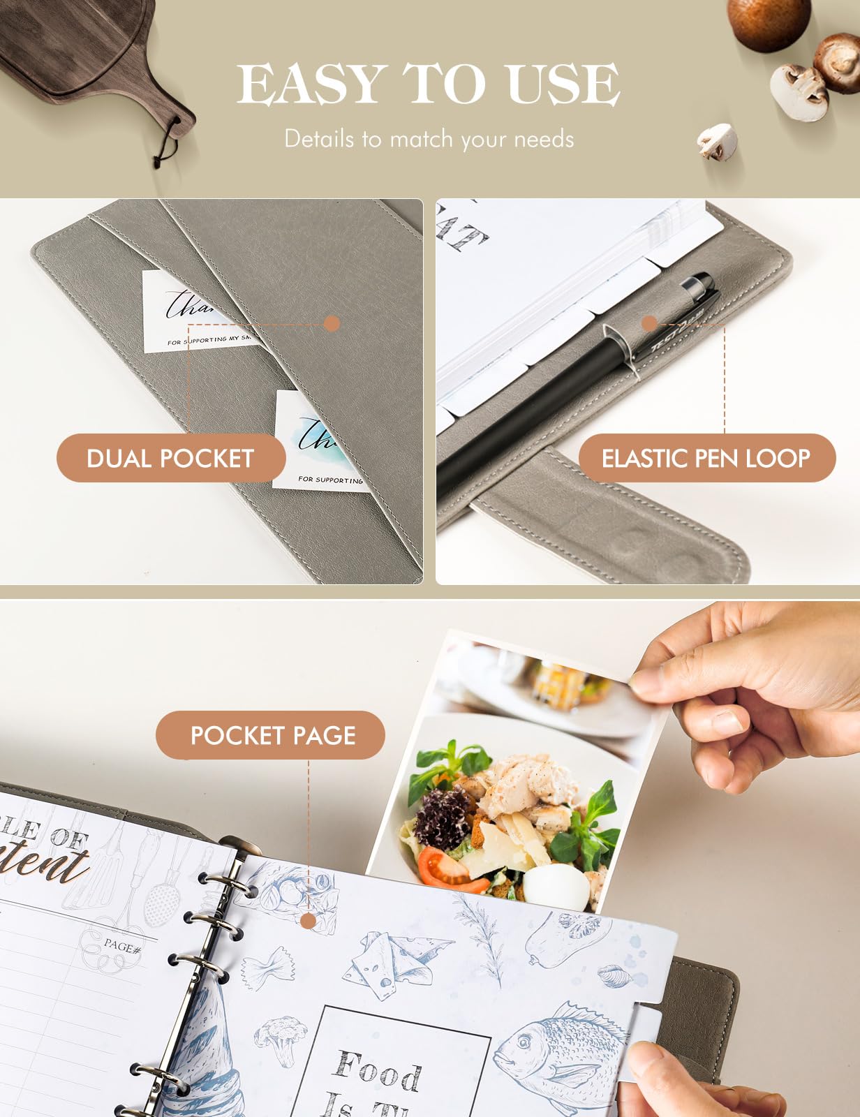AISBUGUR Libro di ricette bianco per scrivere le tue ricette, quaderno per ricette fai da te a 9 anelli, raccoglitore per ricette con copertina rigida, organizer per ricette personalizzato con 160