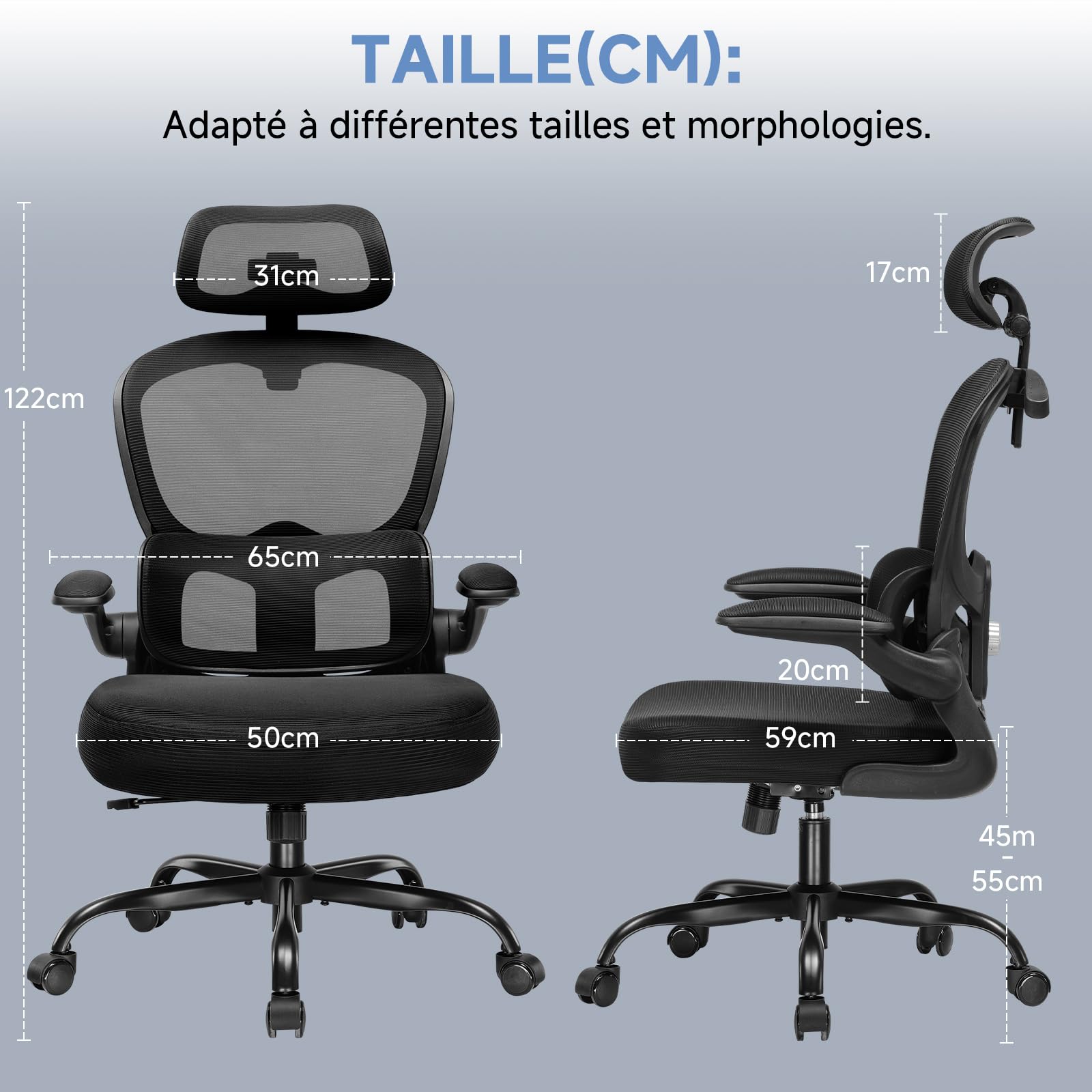 COMHOMA Chaise de Bureau Ergonomique, Fauteuil avec Appui-tête 3D et Support Lombaire, Design Intégré avec Porte-vêtements, Accoudoirs Rabattables, Siège Rembourré en Maille Respirante