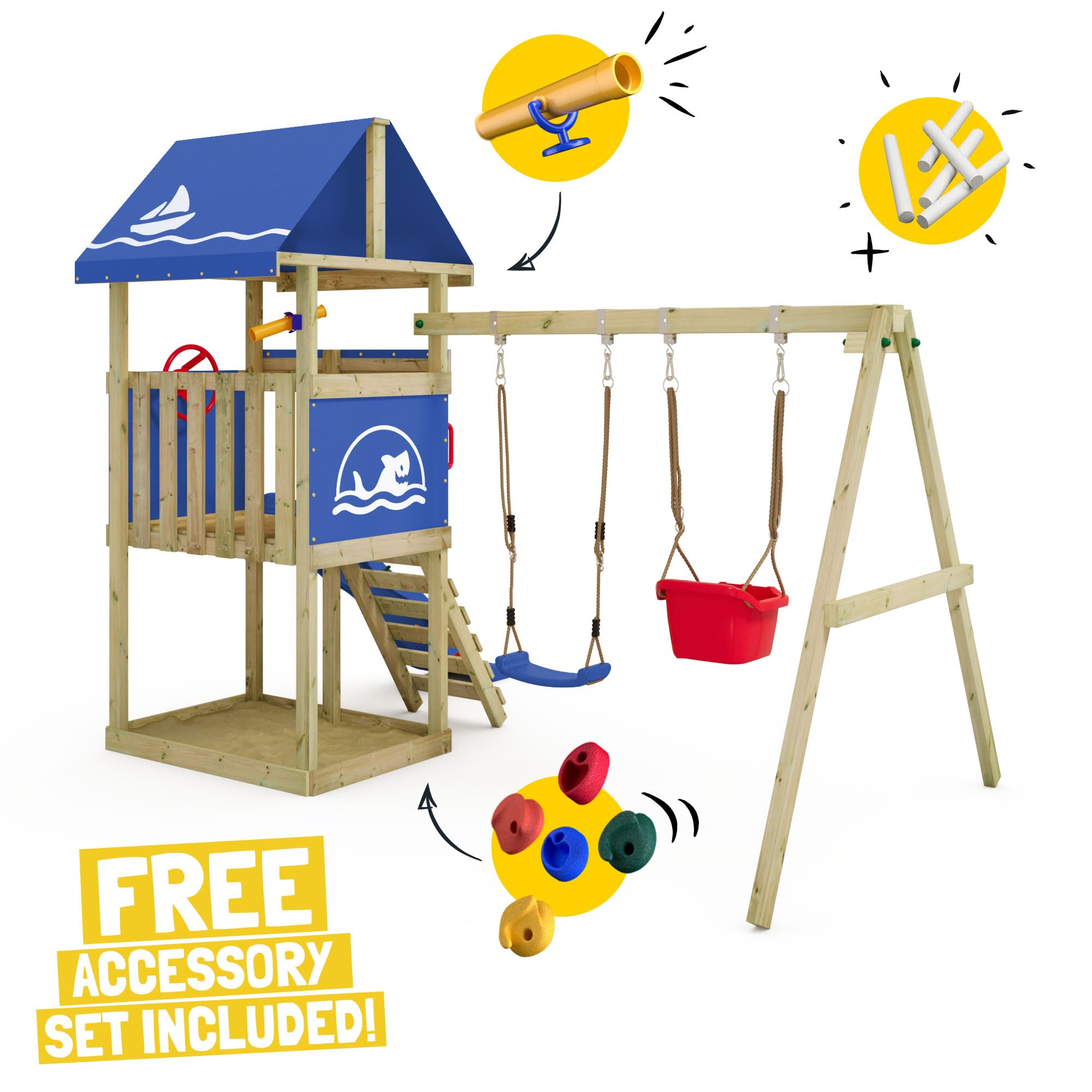 Wickey Parco giochi DinkyHouse con estensione dell'altalena - con scivolo & telone blu - Torre di arrampicata per bambini per il giardino in legno massiccio - 303x317x247 cm