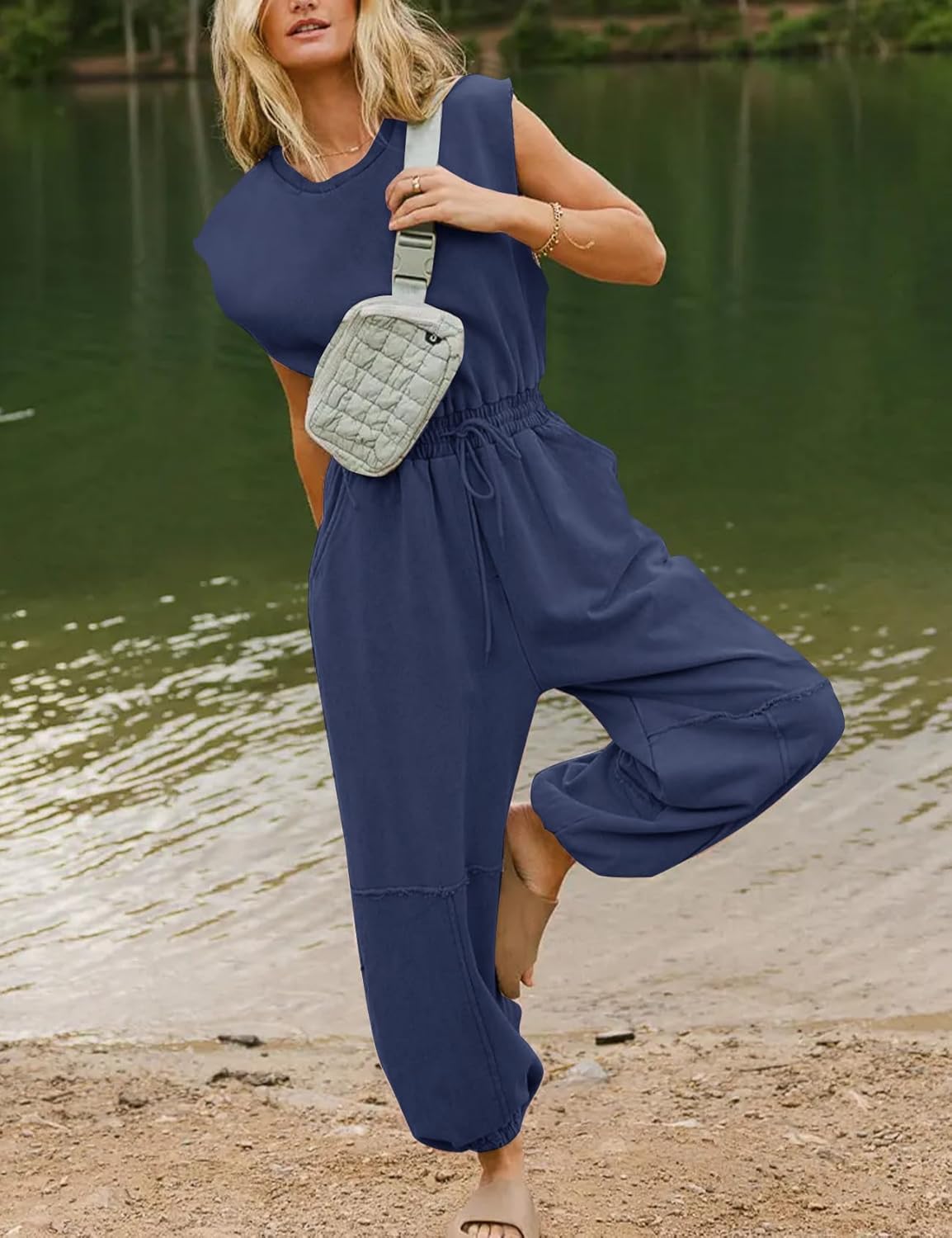 Kissonic Jumpsuits for Women Casual Crewneck Cap Sleeve Drawstring Romper One Piece Outfits with Pockets - Image 2