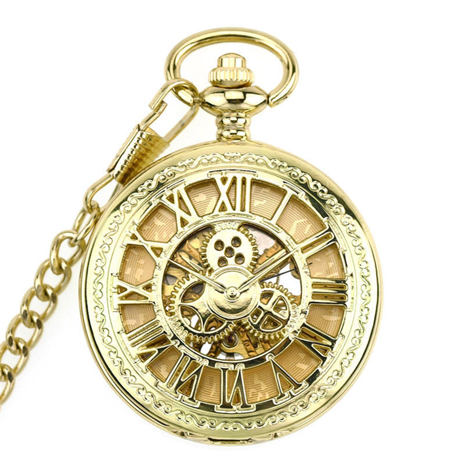 Reloj de bolsillo, reloj de bolsillo con cadena, movimiento de esqueleto vintage, con colgantes mecánicos, números romanos, regalos para el día del padre