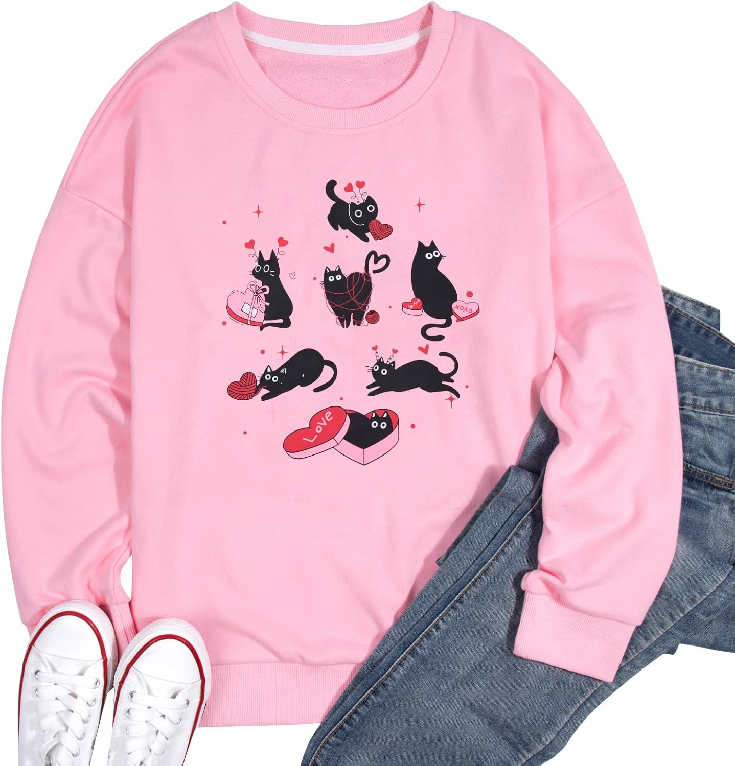 FLOYU Cat Valentine Sweatshirt Women Valentine Sweatshirts Pullover Cat Lover Gift Tops Valentine's Day Romantic Sweater - Image 4