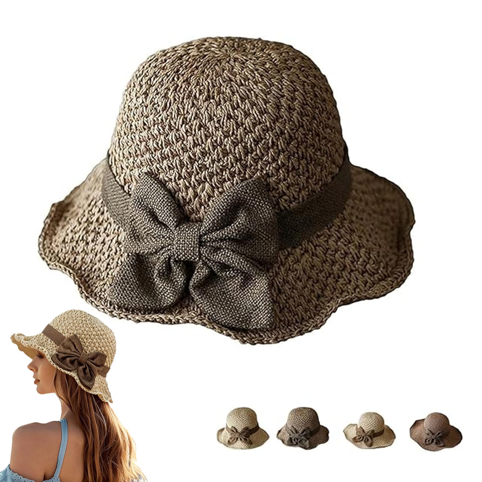 Xtdomcoth Women's Khaki Versatile Retro Woven Handmade Straw Hat With Ruffled Bow, Straw Bucket Hat Foldable Wide Brim Floppy Beach Sun Hats (Khaki)