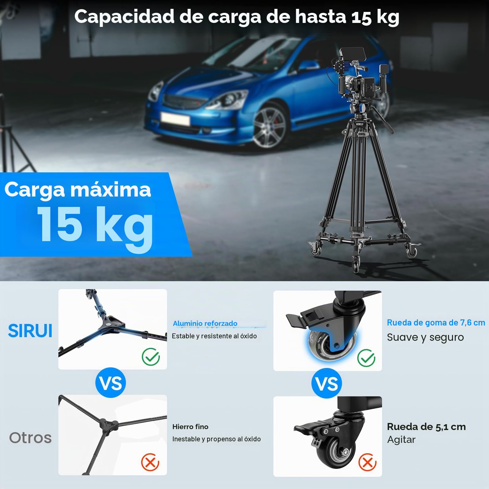SIRUI Universal Photography Tripod Dolly con Ruedas de Goma de 7,6cm, Servicio Pesado con Patas Ajustables y Bolsa de Transporte, Capacidad de Carga de 33lb - AM-DF02