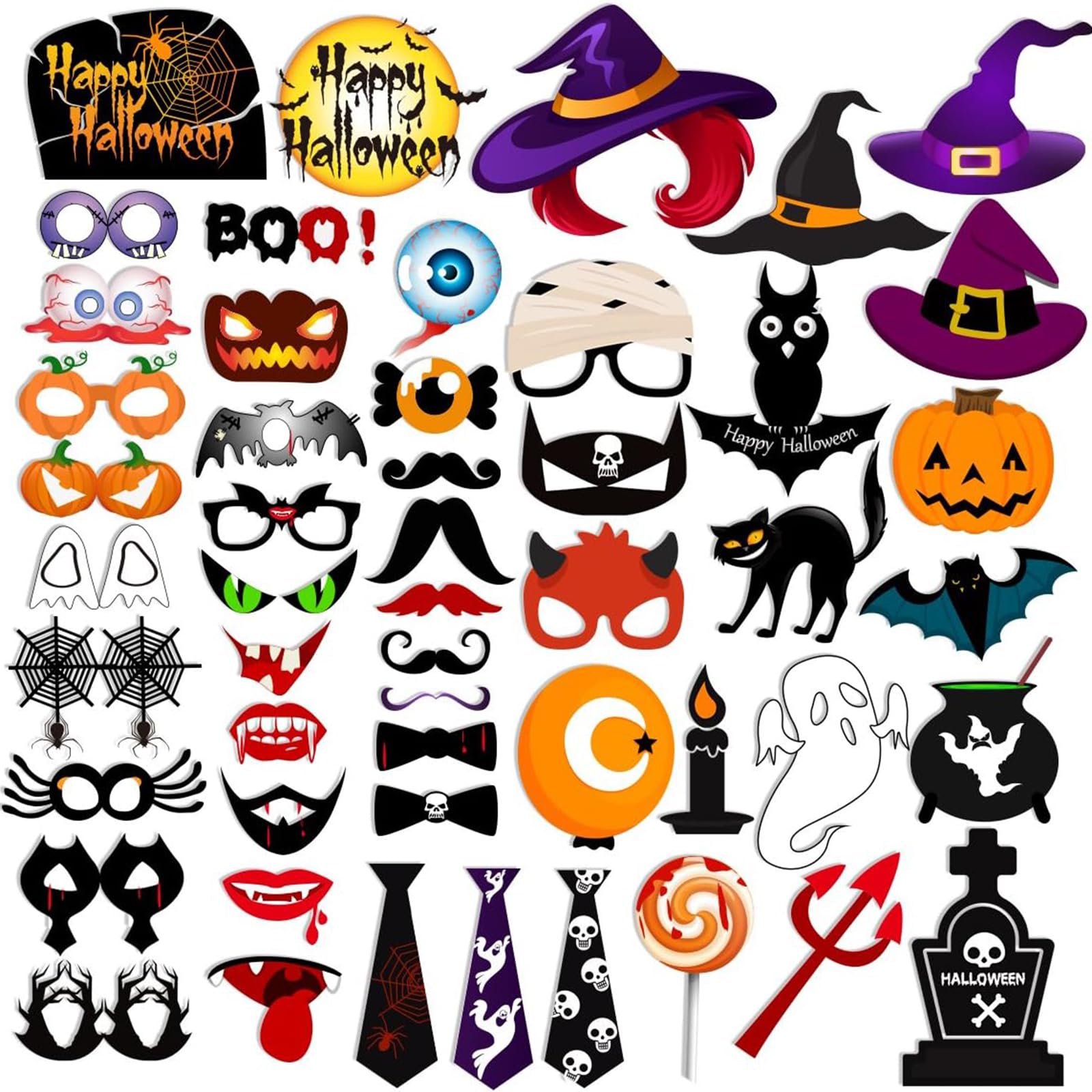 53pcs Happy Halloween Photo Booth Props Halloween Picture Props Skull Photo Booth Props Witch Hat Pumpkin Bat Tombstone Fancy Party Decor Supply