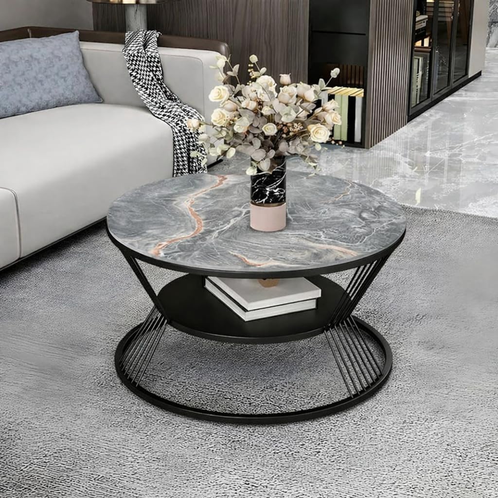 Coffee Table Two Tier Sofa Side Table Round Coffee Table Metal Frame Center Table Tea Table Coffee Tables for Center Room Dining Home & Living Room Decor (Grey Black)
