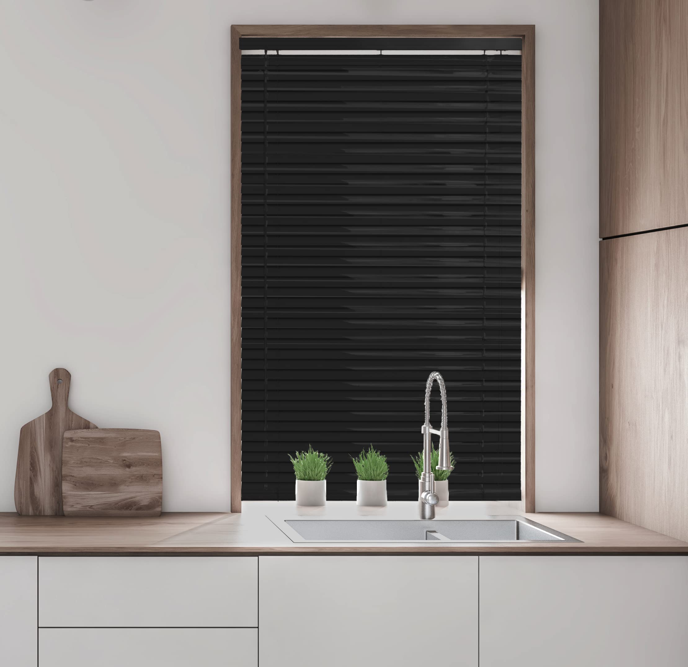 25mm Metal Aluminium Venetian Blinds Home Office Easy Fit Strings Twist Wand Black 135cm x 150cm