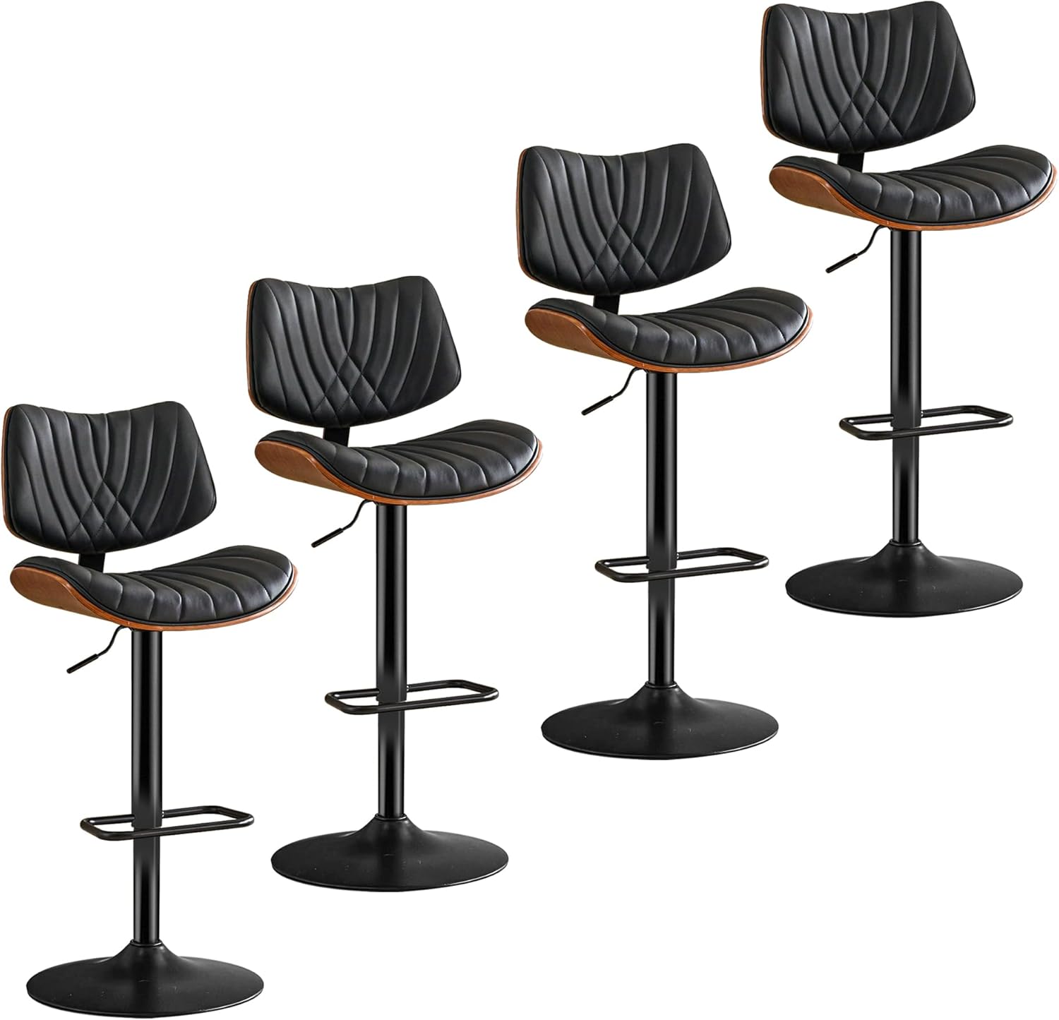 Modern Swivel Bar Stools Set of 4,Faux Leather Upholstered Bar Chair with Walnut Bentwood Back,Adjustable Counter Height Stool for Kitchen Island,Dining Room,Cafe,Pub (Black)