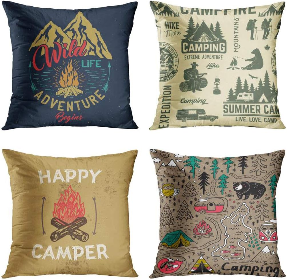 Emvency Set of 4 Throw Pillow Covers Camp with Mountain Campfire and Forest Camping Adventure Vintage Decorative Pillow Cases Home Decor Square 16x16 Inches Pillowcases