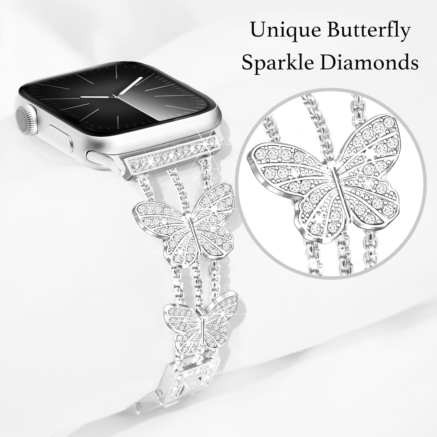Butterfly Band for Apple Watch Bands for Women 46mm 45mm 44mm 49 42mm(S3), Fancy Bling Dressy Strap for Apple Watch Band Series 11 10 9 8 7 6 5 4 3 Ultra SE, Thin Cute Metal iWatch Bands-Silver - Image 2
