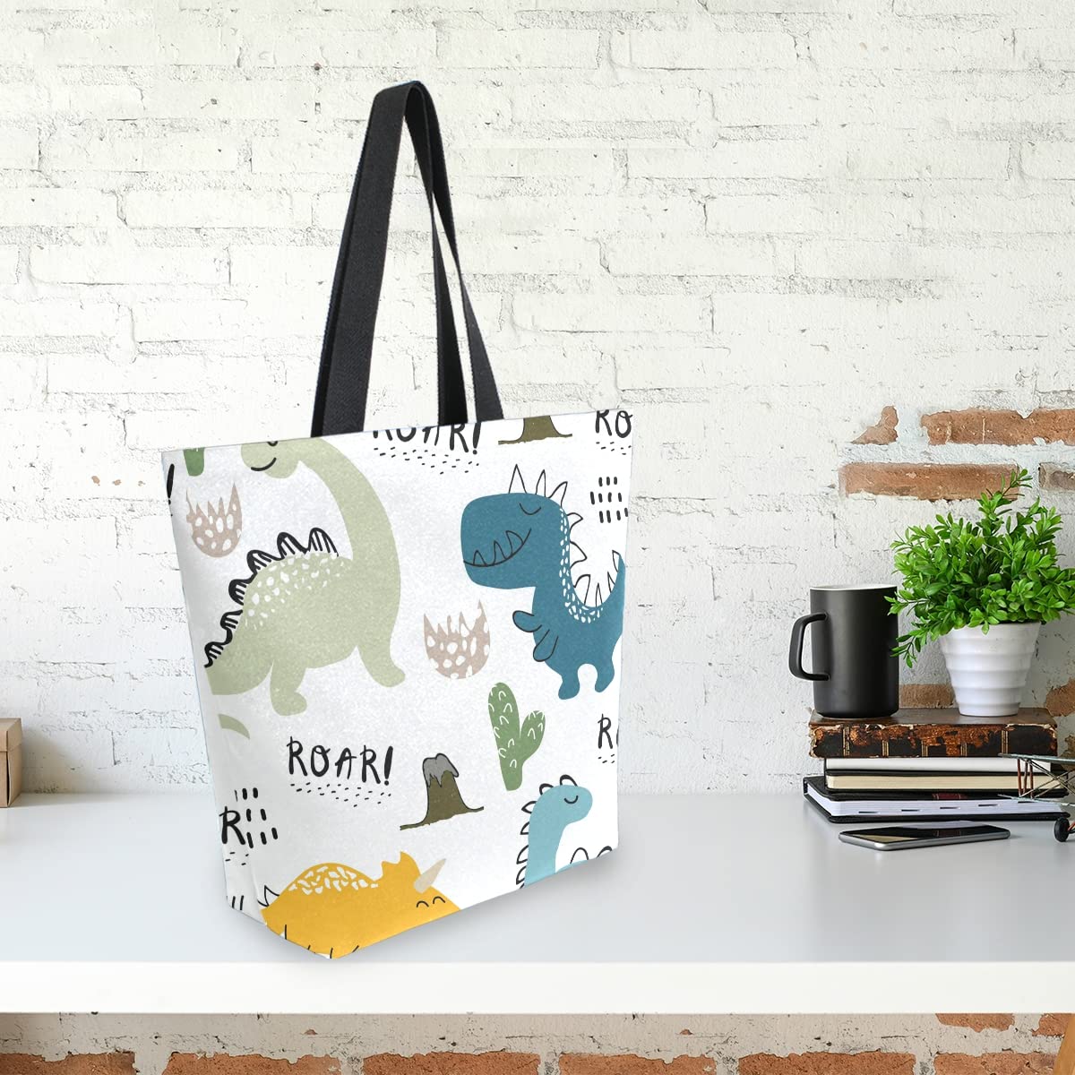 SUABO Dinosaur Canvas Tote Bag Large Women Casual Shoulder Bag Handbag, Reusable Shopping Grocery Bag for Outdoors