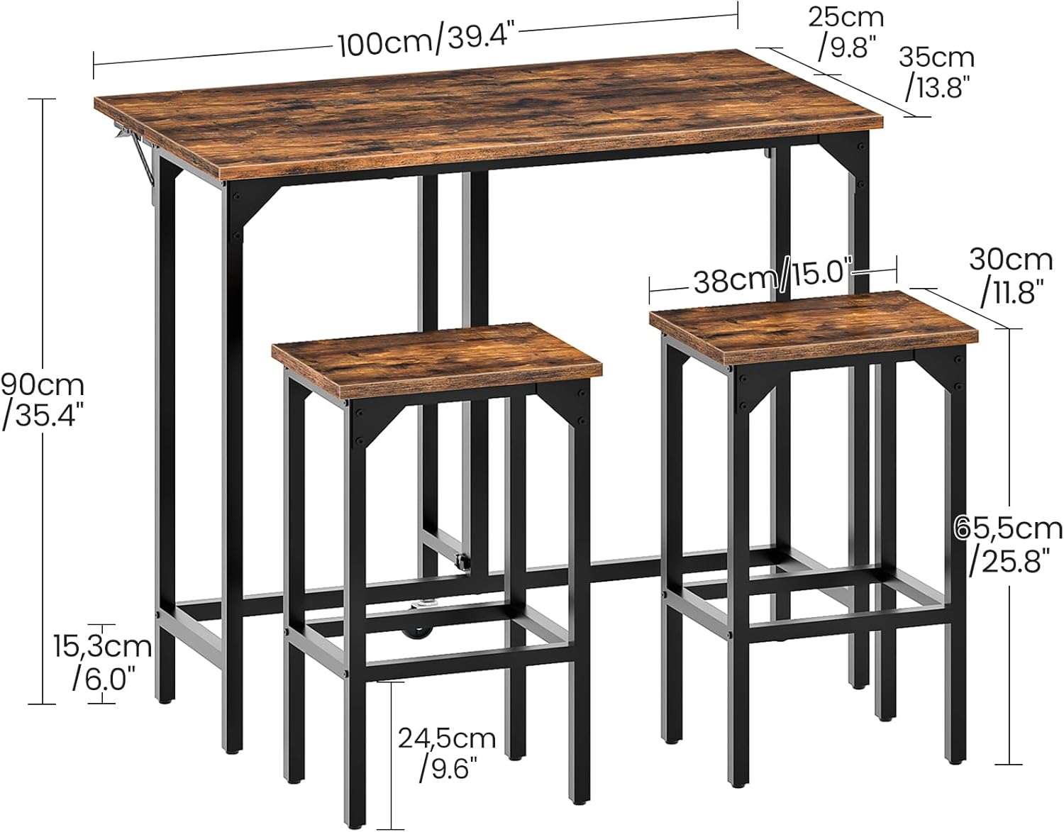 Bar Table and Stool Set, 39.4'' Folding Dining Table with 2 Stools, Industrial Style, for Restaurant, Living Room, Pub, Rustic Brown and Black TBT02BF