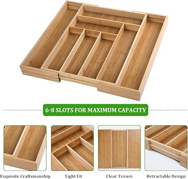 Bamboo Silverware Organizer, Expandable Silverware Drawer Organizer, Adjustable Kitchen Drawer Organizer for Cutlery and Utensils(6-8 Slots)