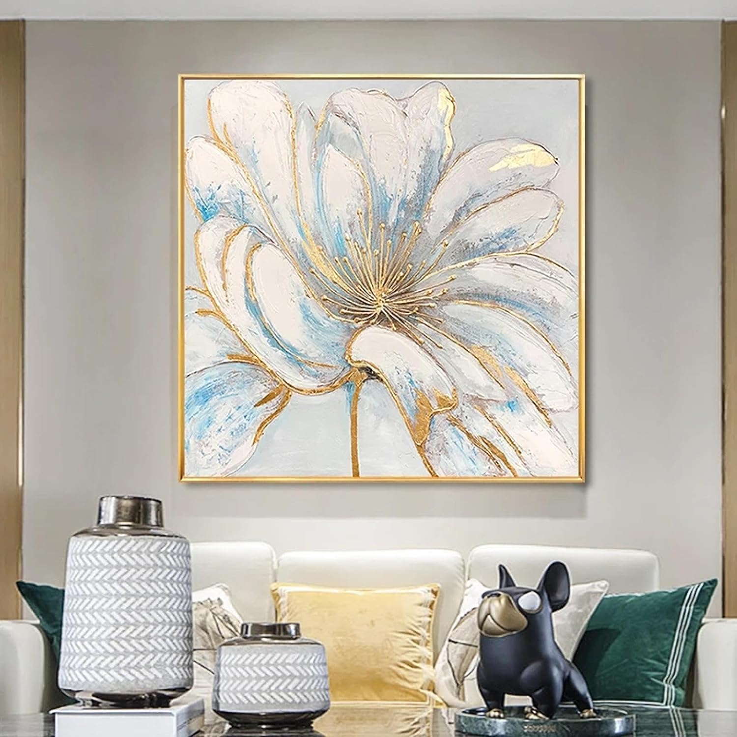 KQZVCU Abstract Floral White Gold Flowers Picture Canvas Painting Luxury Golden Wall Art Prints for Living Room Decor 30x30cm With Frame