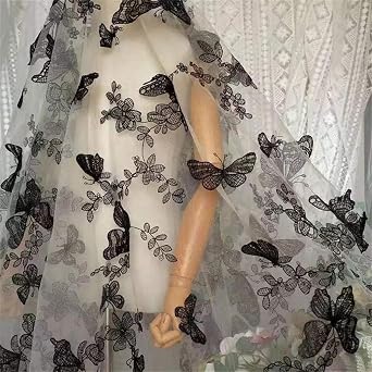 51" Width 3D Vivid Butterfly Lace Fabric Exquisite Flower Embroidery Soft Tulle Lace Fabric for Wedding Bridal Lace Dress Party Dress Home Decor 3 Yard, Apricot Mesh+Black Butterfly