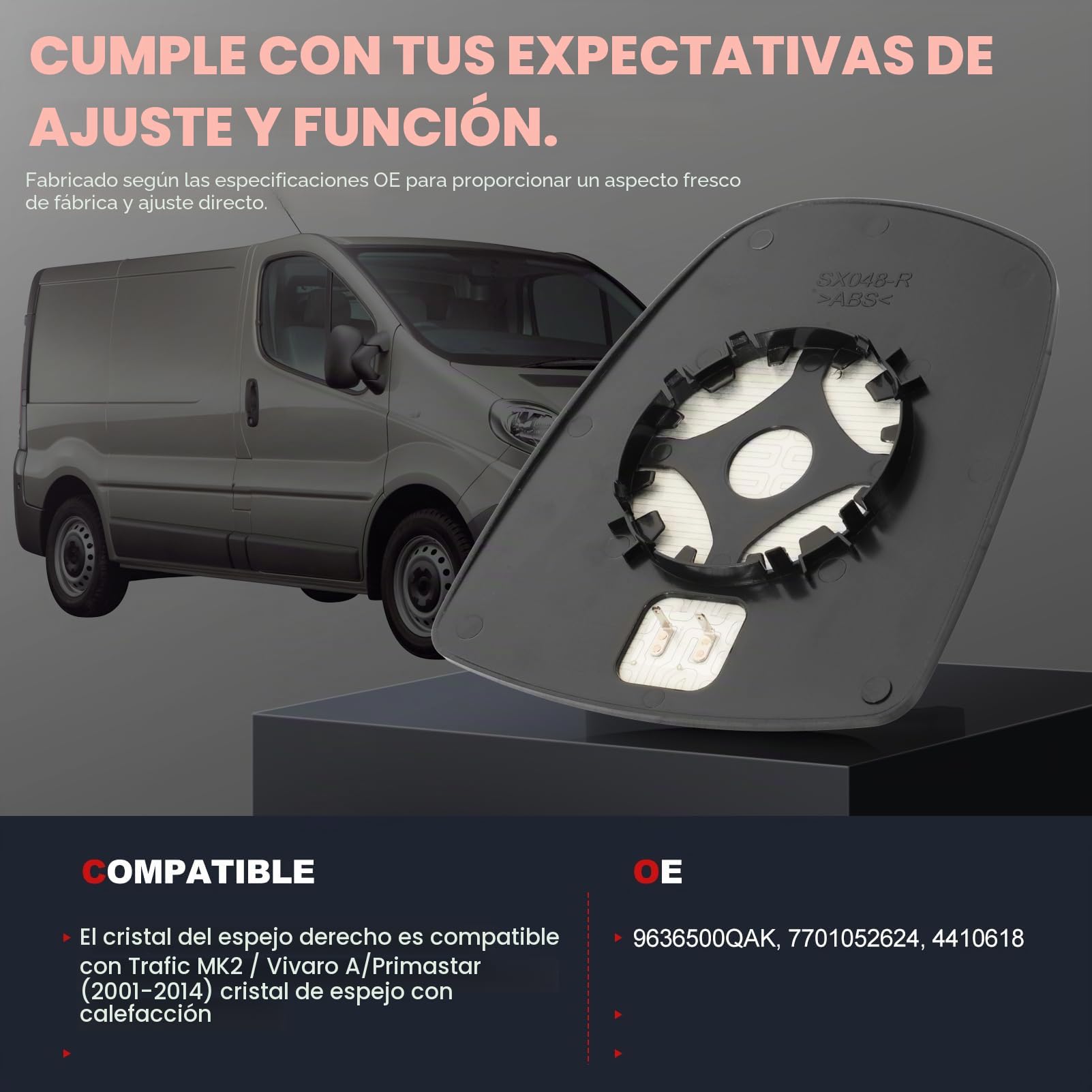 Cristal Retrovisor Calefactable Derecho Compatible Con Renault Trafic Mk2 O.pel Vivaro A Nissan Primastar 2001-2014 Espejo Retrovisor Calefacción 9636500QAK 9636600QAH 7701050267 4408323 44010618