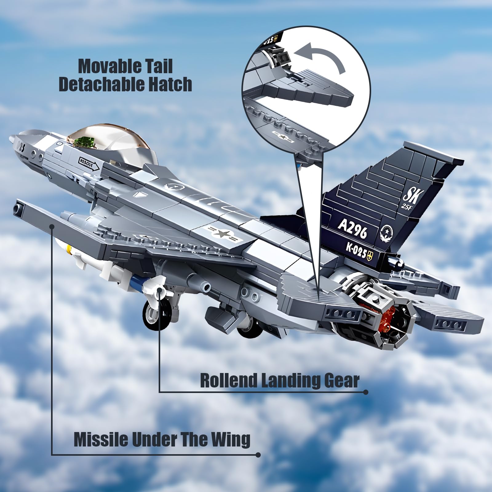 HIGH GODO Set di blocchi per costruzioni di aerei da caccia F-16C, modello Eurofighter scala 1:44 521 pezzi blocchi per costruzioni con morsetti per aerei da caccia della seconda guerra mondiale, comp