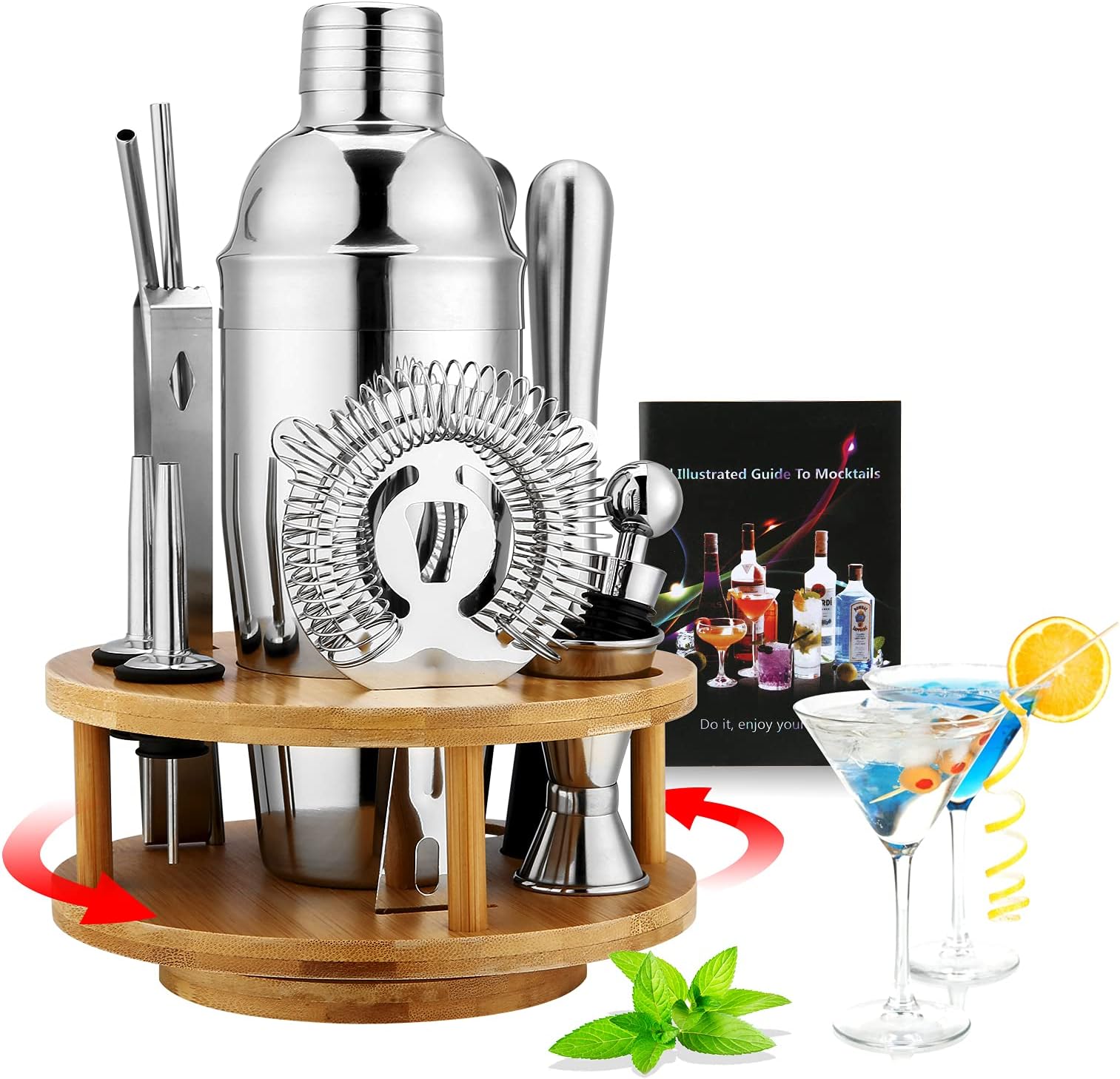13 PCS Cocktail Shaker Set with Rotatable Bamboo Base, Bartending Kit Stainless Steel Cocktail Bar Tools
