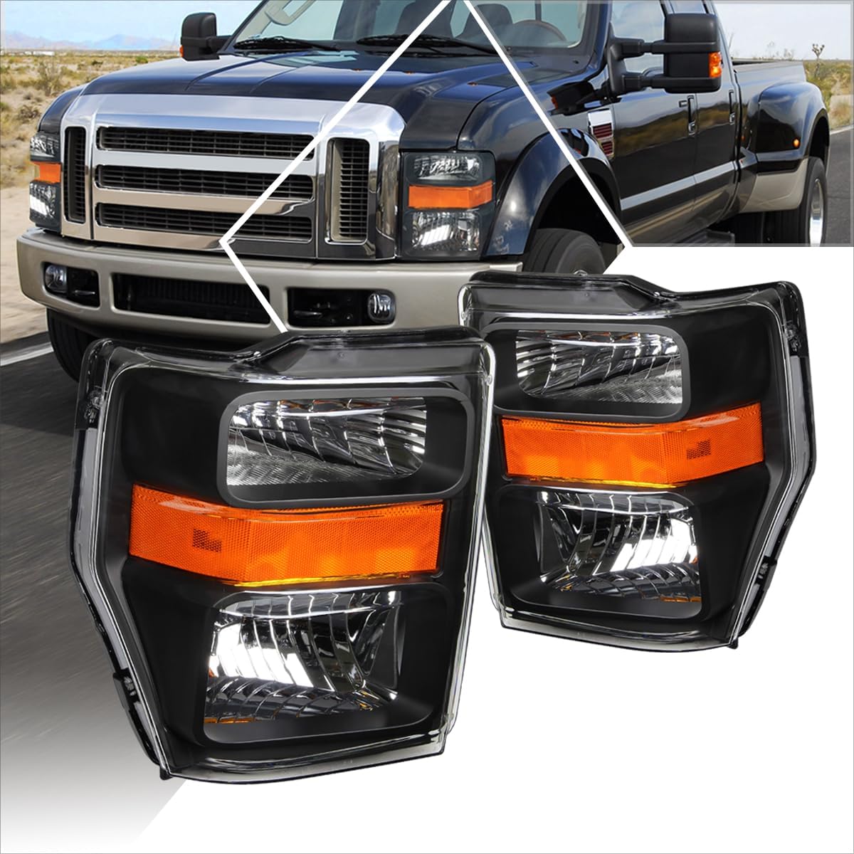 Headlight Assembly Compatible with Ford F250/F350 Super Duty 08-10 | Headlamps with Black Housing Amber Corner