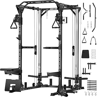 JEEKEE Power Cage,2000lbs Multi-Function Squat Rack,Power Rack with Cable Crossover System and 20+ Attachments,Independent Dual Pulleys Squat Rack for Home Gym