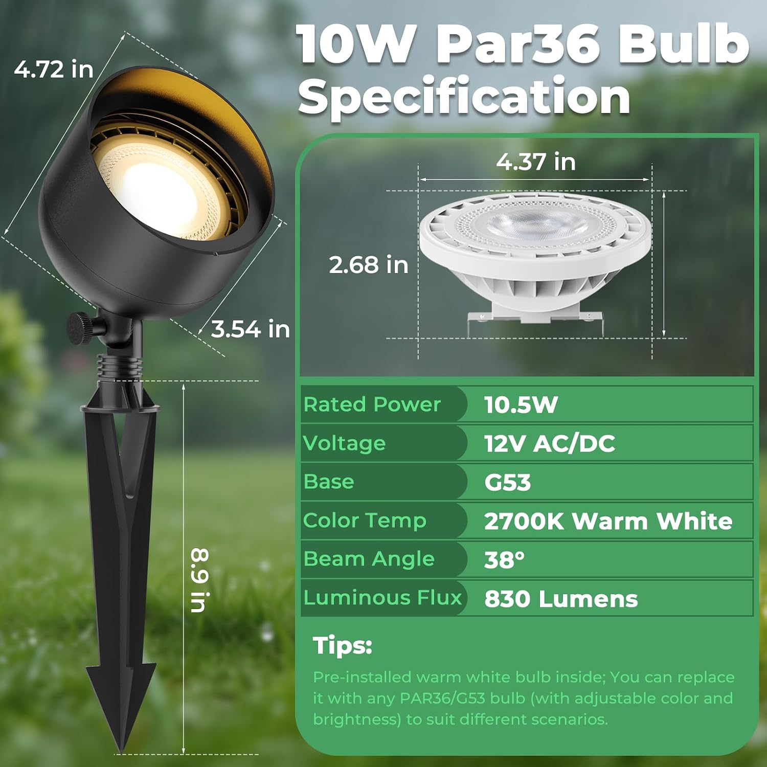 Low Voltage PAR36 LED Landscape Flood Light, 12V Wide-Angle Outdoor Uplight for Garden, Bushes & Wall Wash with 10W 2700K Warm White Bulb (2 Pack)