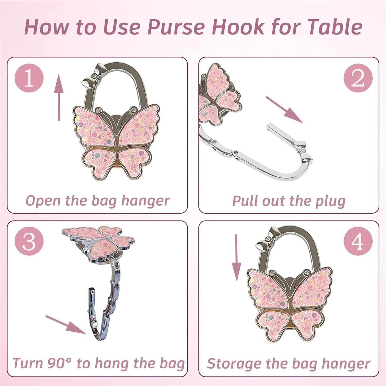 Butterfly Purse Hook for Table, Folding Handbag Hanger, Foldable Women's Handbag Hanger, Portable Bag Holder,Bag Hooks for Tables, Almost Anywhere (Pink+White+Blue)