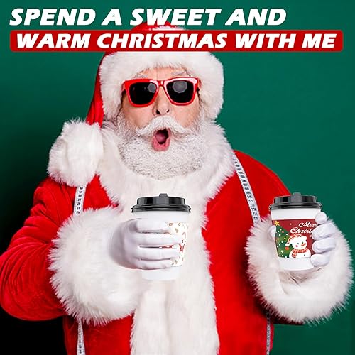 Miniatura 6 de 60 juegos de tazas de café desechables de Navidad con tapas y mangas, tazas de chocolate caliente aisladas de papel de 12 onzas para suministros de