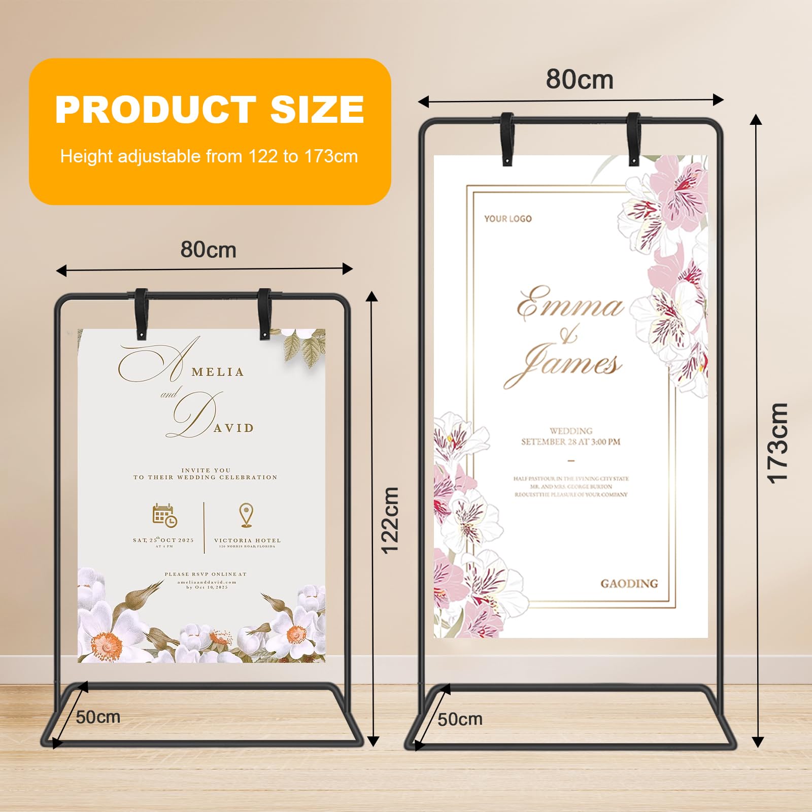 Support de panneau de bienvenue de mariage réglable avec 2 paires de sangles de suspension 80 x 50 x 173 cm - Pour tableau de siège, décoration d'événement, affiches, fête (noir)