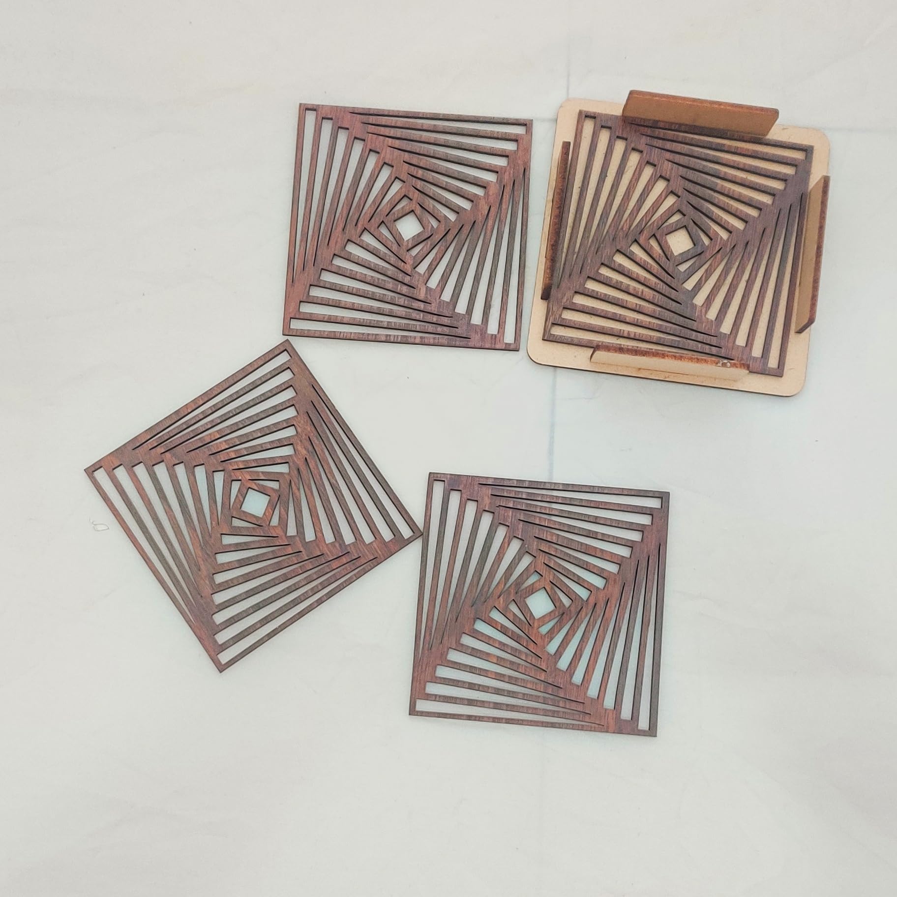 Art Infinity Wooden Coasters with Holder I Handcrafted Geometrical Design Coasters Set I Durable, & Long-Lasting I Ideal for Hot or Cold Beverages I for Home Office Restaurant Dining Table - Set of 4 1