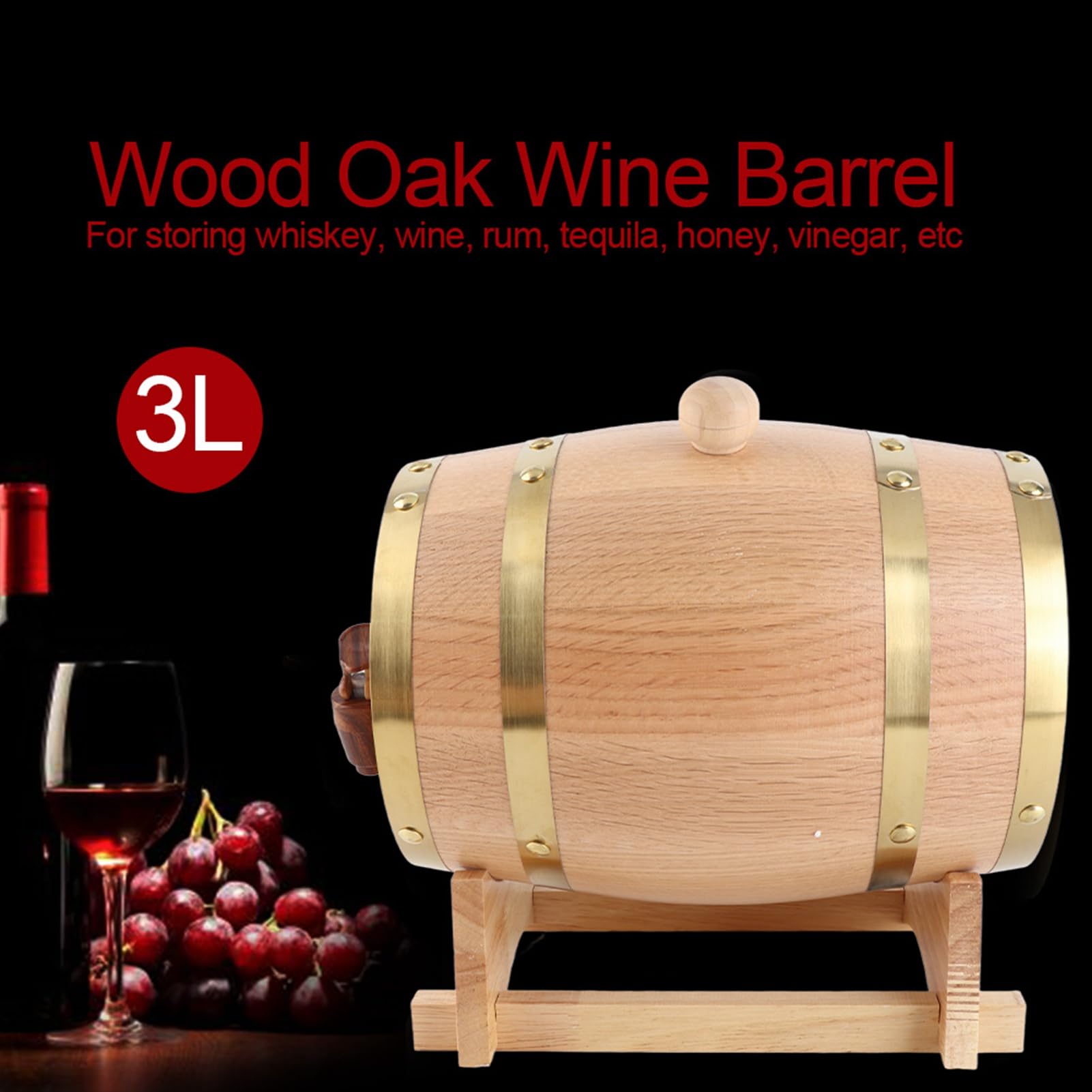 Whisky di Quercia da 3 Litri, Dispenser per Vino in Legno di Quercia con Supporto in Legno, Espositore per Rubinetto Rivestito in Alluminio per Whisky, Rum, Tequila, Vino, da Bar Rustico,